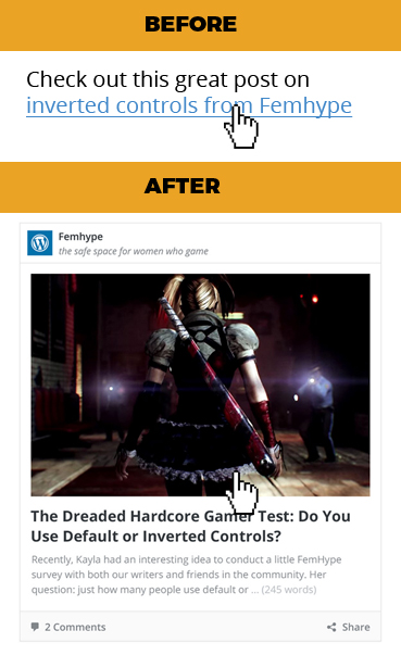 A Before/After visual. The Before just shows text with a hyperlink. The "After" shows the post featured image, with a strong title, and excerpt below.