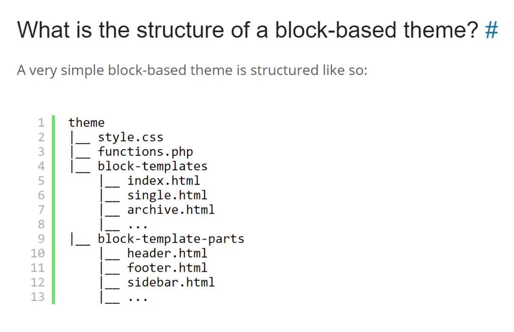 The block-based theme documentation shows the conceptual heirarchy of block-based themes. They would have two new sub-folders: "block-templates" and "block-template-parts".