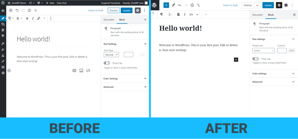Left-hand side shows Gutenberg 7.6. Right-hand side shows Gutenberg 7.7. The enhance UI is the clear difference. 