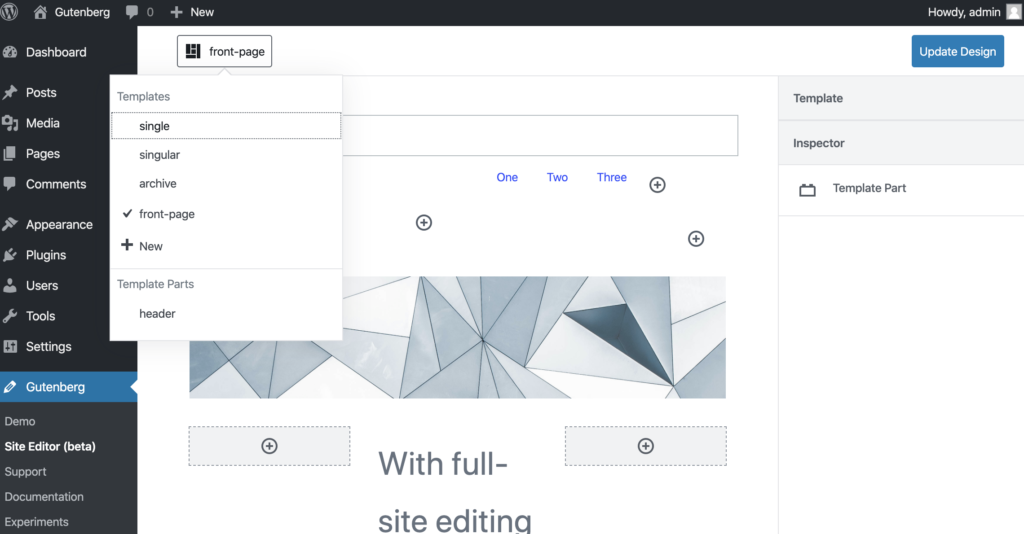 High-fidelity mock-up of the full-site editing mode. There's a button in the top-left with a dropdown to choose templates and template parts with. The body is a layout of Gutenberg blocks.