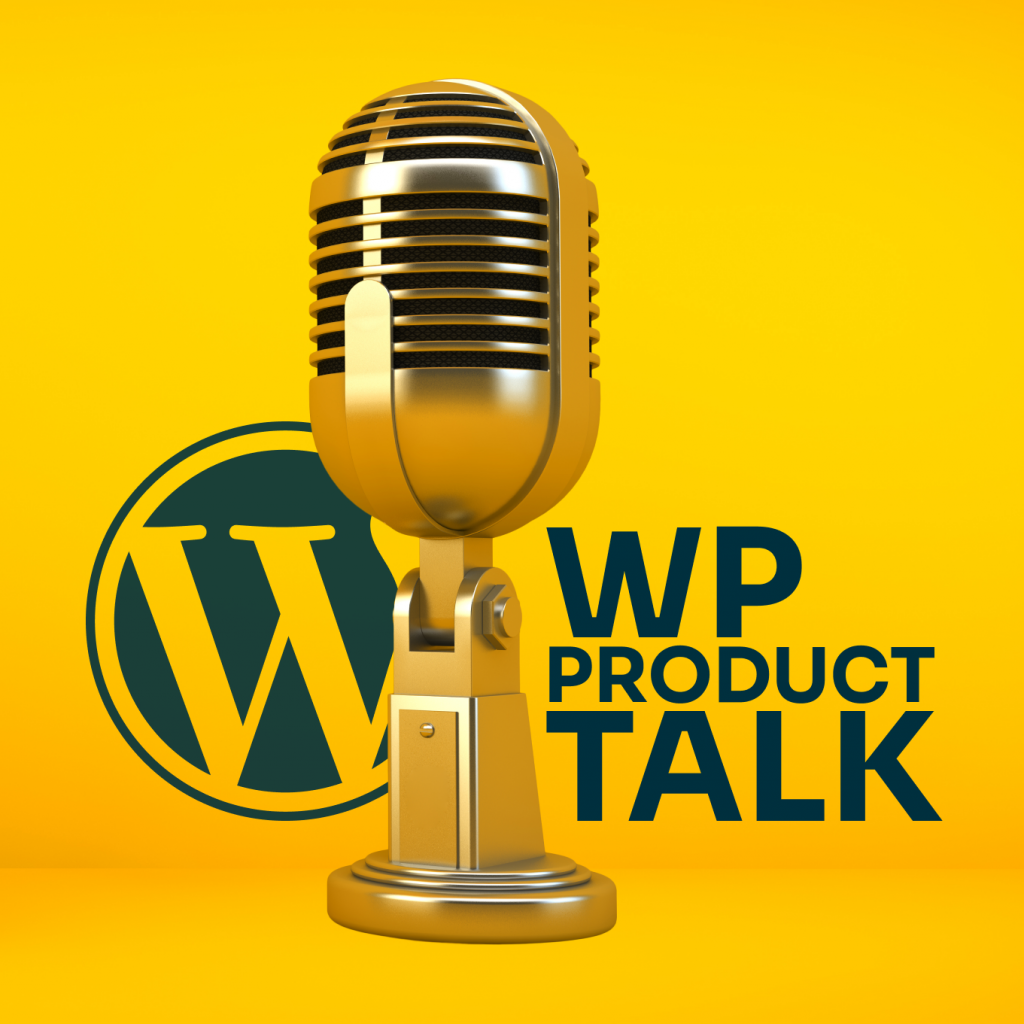 WP Product Talk Logo with a WP logo in the back and a microphone in the front.