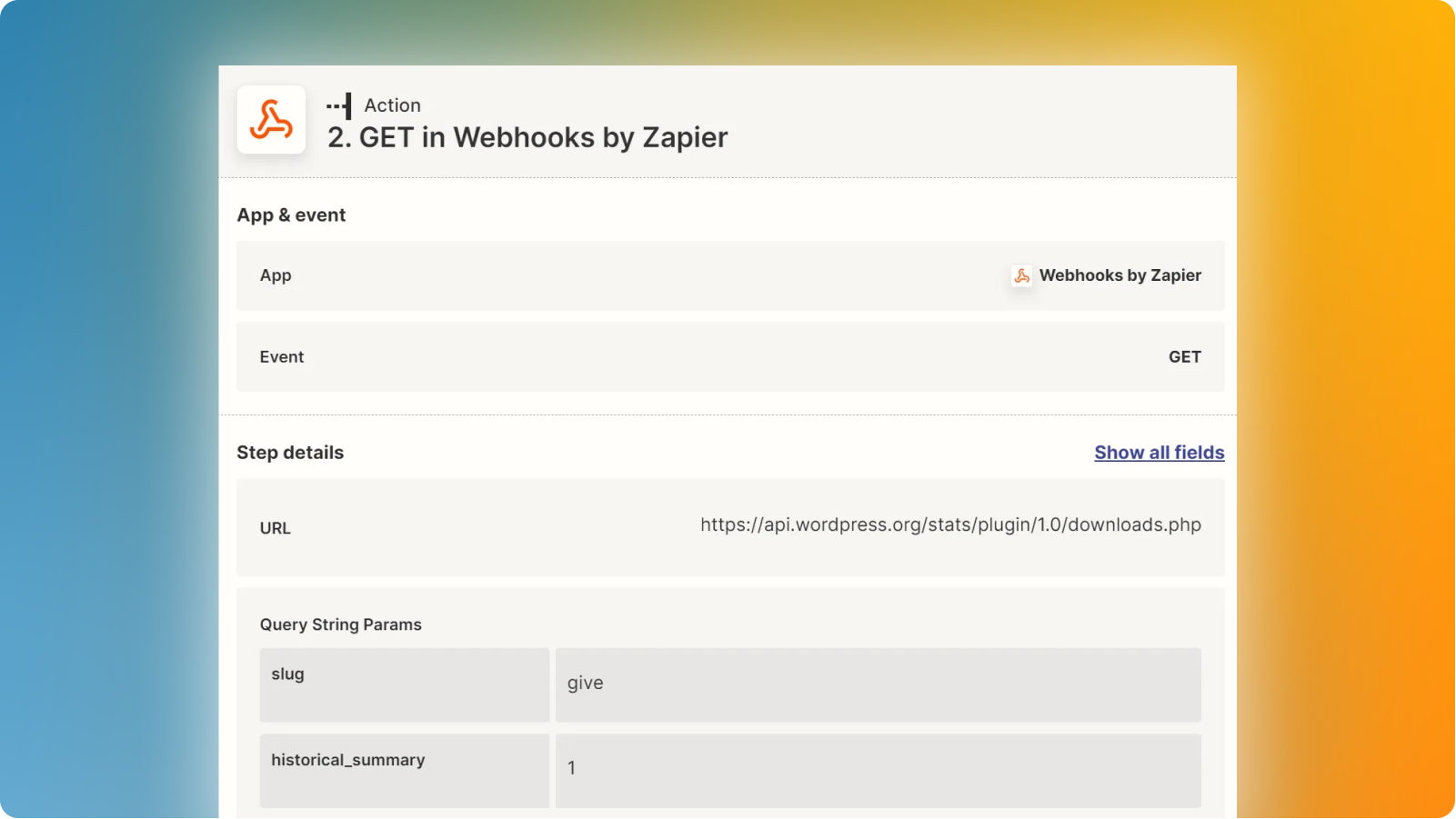Screenshot of the webhooks zap in Zapier.