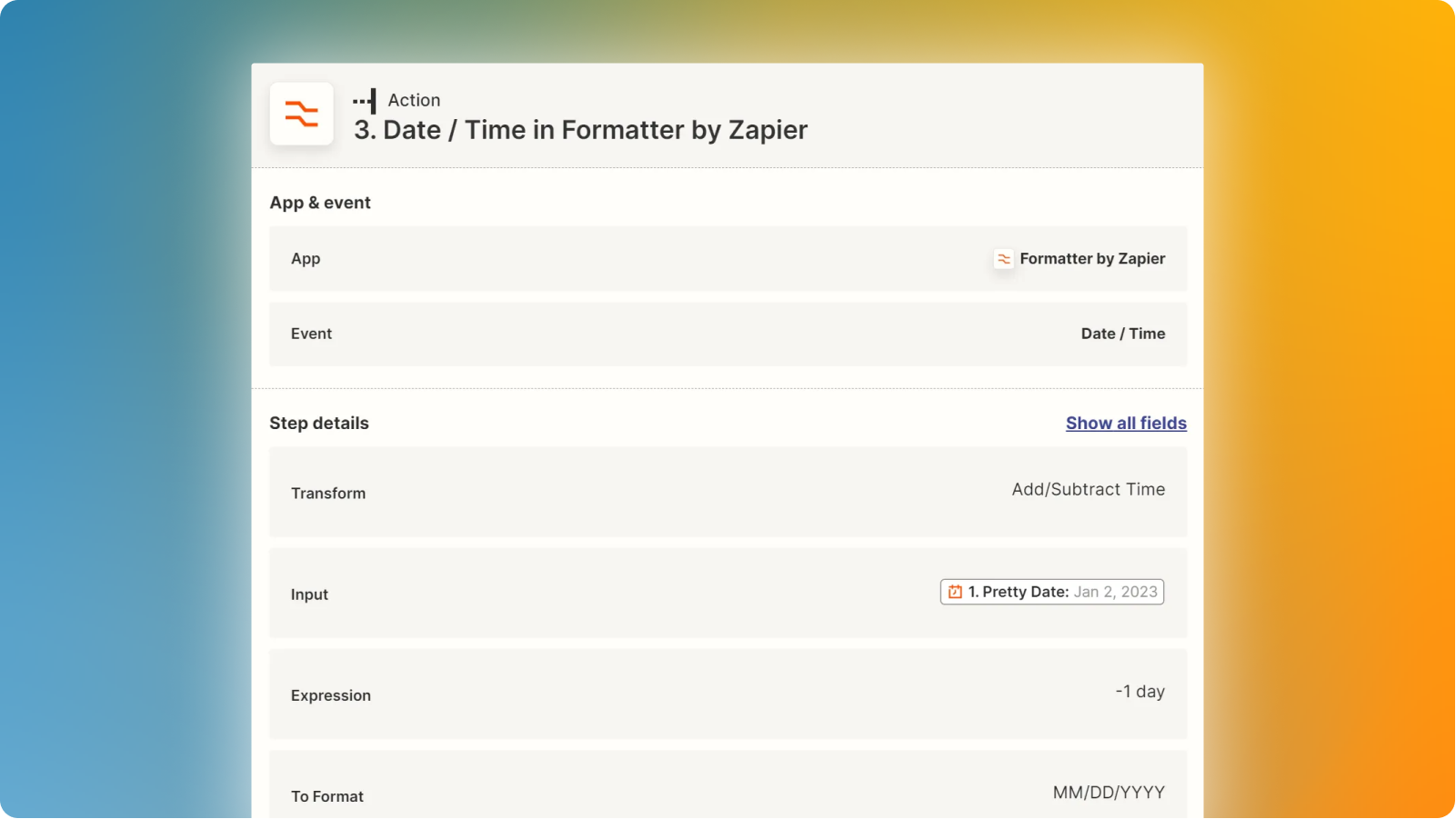 Screenshot of the Date/Time formatter in Zapier.