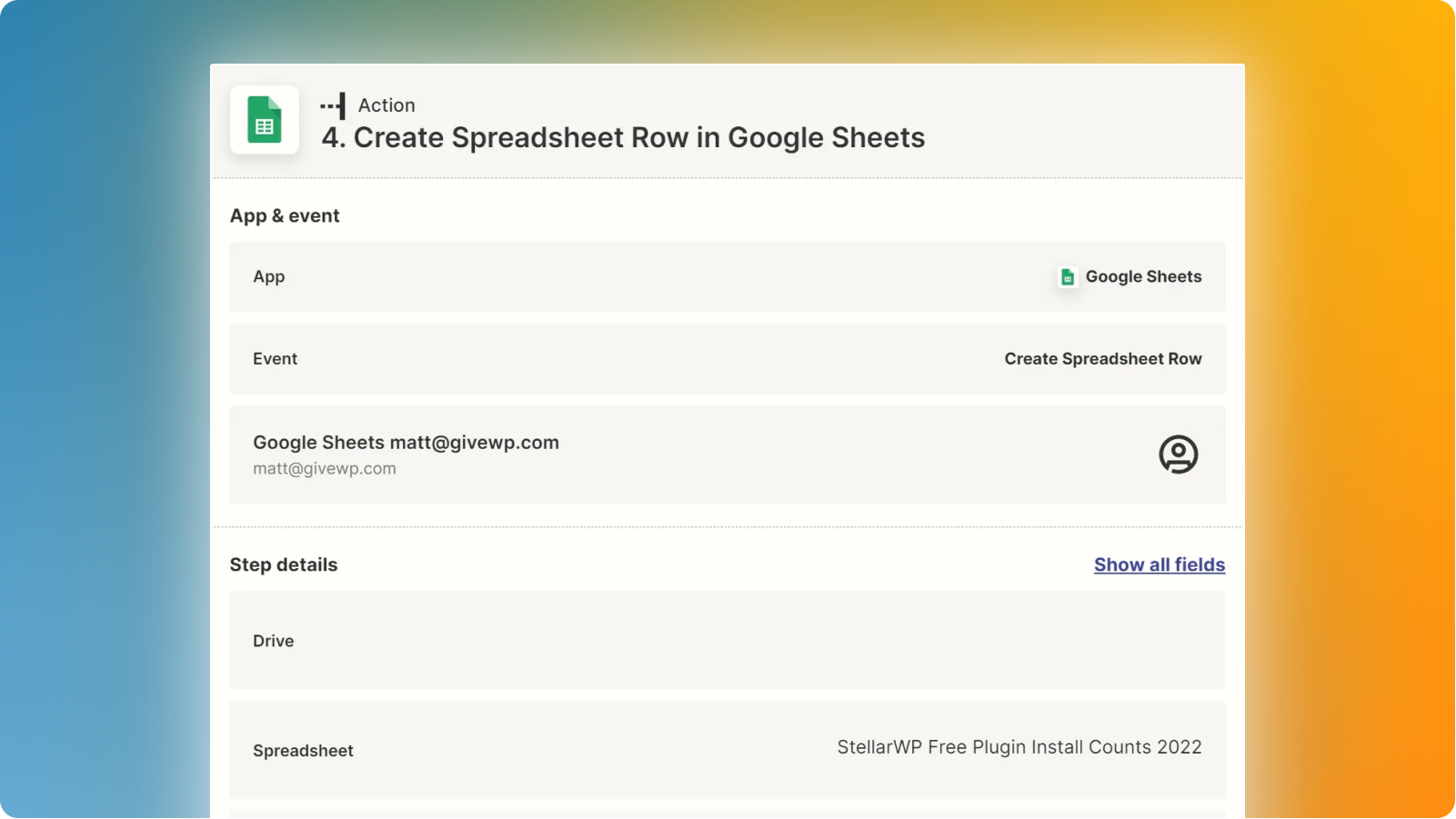 Screenshot of the Google Sheets action in Zapier.