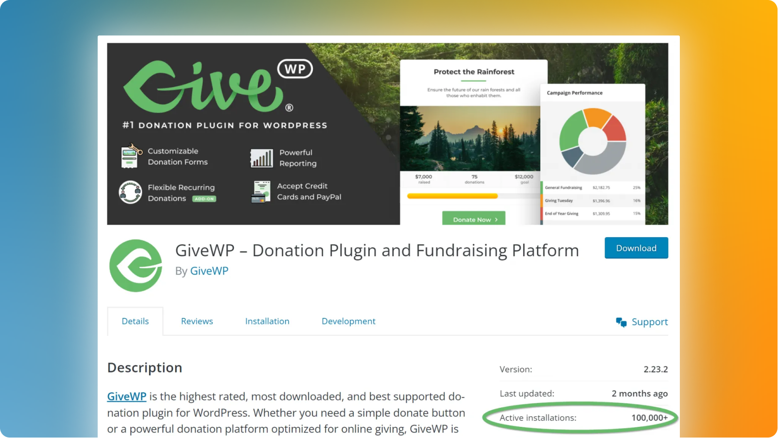 Screenshot of the GiveWP plugin page showing 100,000+ active installs.